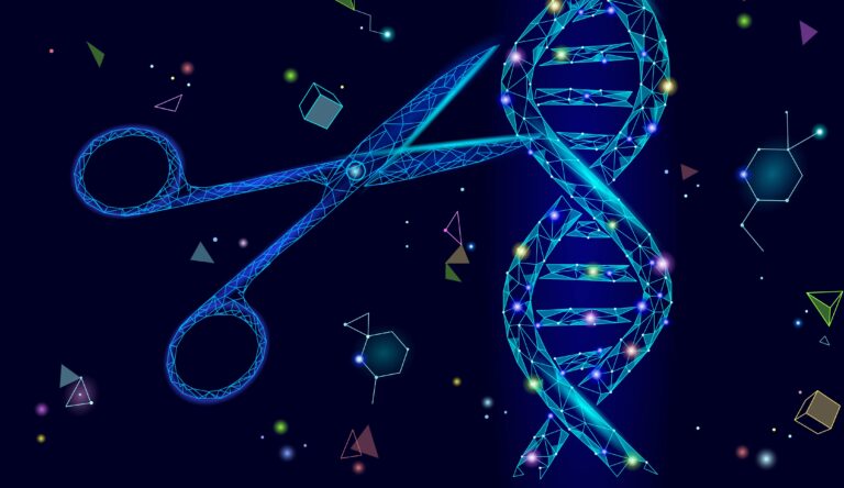 digital illustration of DNA strand and scissors